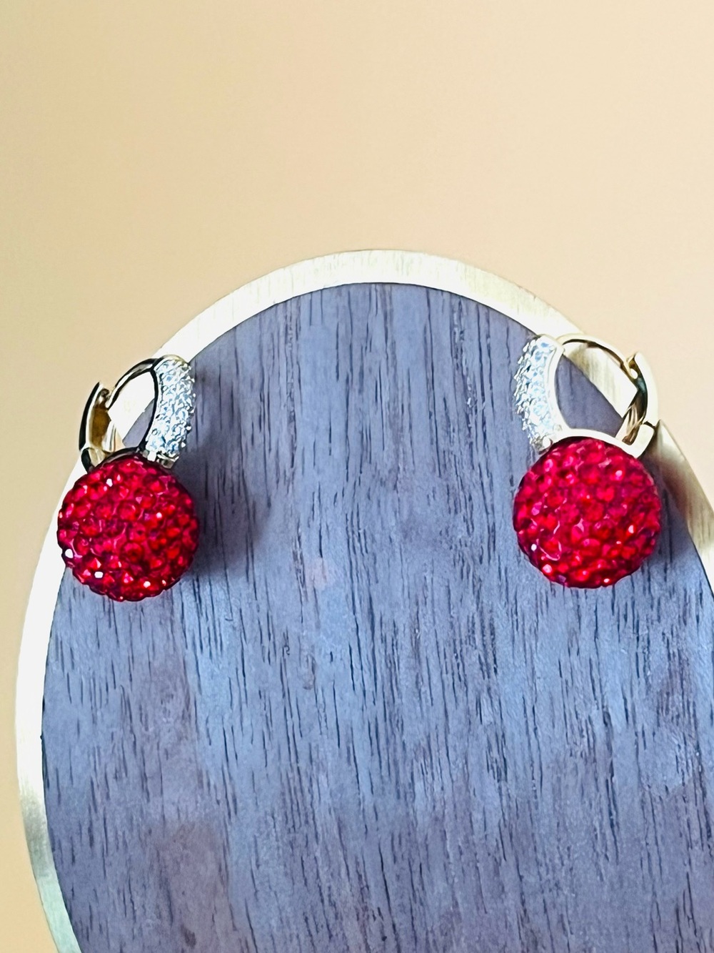 Red Christmas earrings gold plated paved clear CZ
